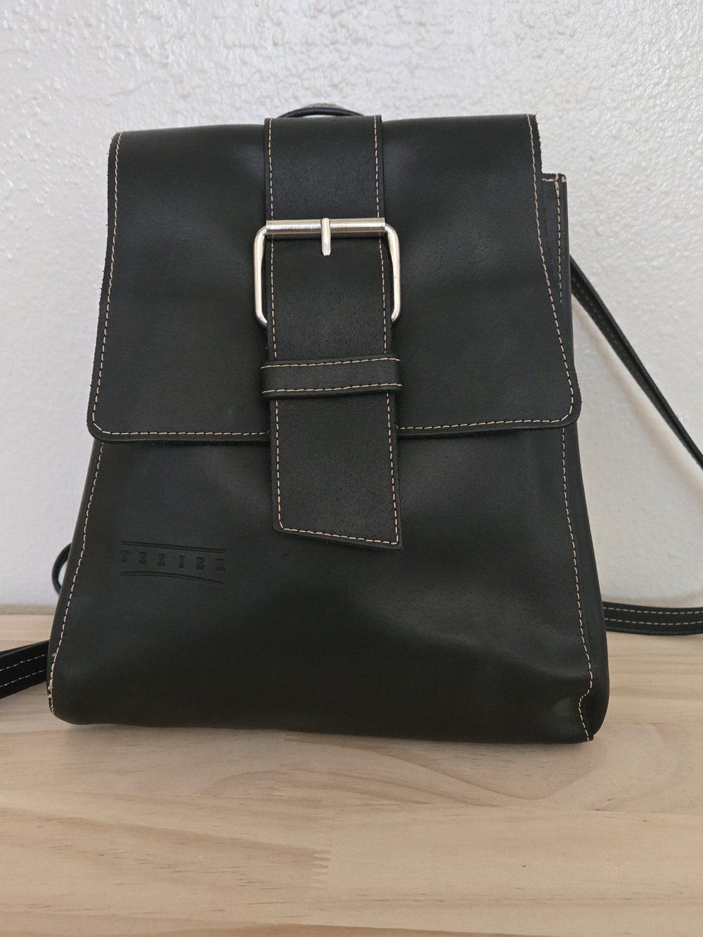 Unisex Black Leather Backpack with Buckle Strap